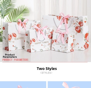 Detail of floral marble gift bags with elegant rose prints and silk ribbon handles