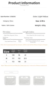 Detailed size chart and product specifications for light yellow cotton shirt dress