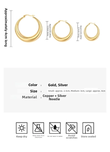 Detailed size comparison of three thick C-shaped hoop earrings in gold and silver finish