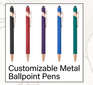 Customizable metal ballpoint pens in five colors with soft stylus tips and gold trim