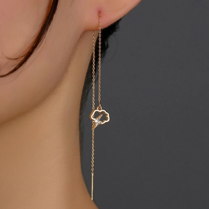 Close-up of long tassel earrings with a hollow cloud and zircon lightning bolt pendant