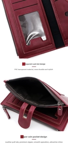 Detailed view of burgundy wallet interior with transparent PVC card slot and metal zipper