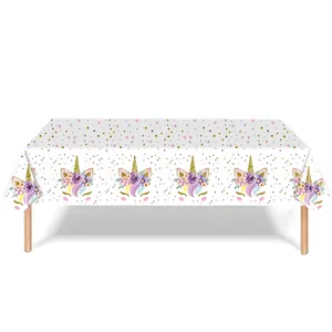 Disposable unicorn themed tablecloth with gold stamping stars and floral patterns