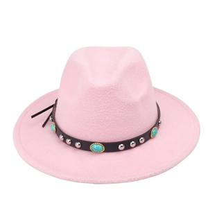 Detail of pink fedora with leather band featuring turquoise beads and silver metal studs