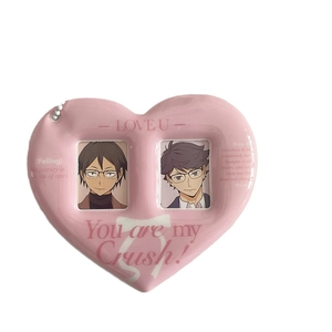 Pink heart-shaped double photocard holder with ballet style and Love U print with bead chain