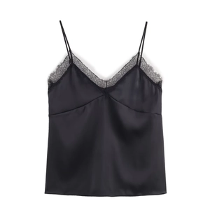Elegant black satin camisole for women featuring delicate lace trim and deep V-neckline