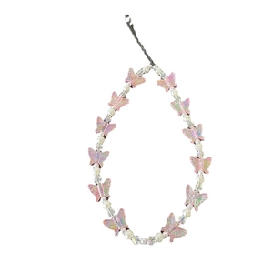 Pink pearlescent butterfly phone wrist strap with transparent beads and metal clasp