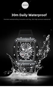 Detail of tonneau quartz watch showing 30M water resistance with dynamic water splashes