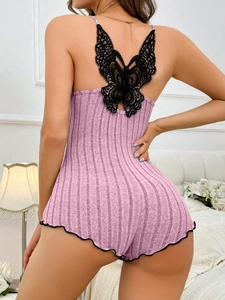 Pink rib-knit bodysuit featuring a detailed black lace butterfly applique on the back