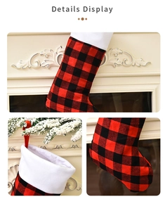 Detail display of buffalo plaid Christmas stocking with white faux fur cuff and hanging loop