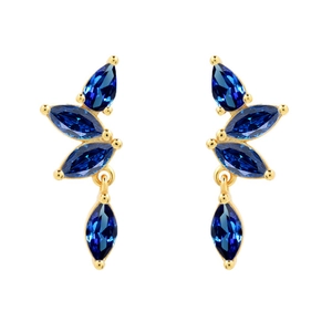 Detail of leaf-shaped gold earrings with four marquise-cut navy blue zircon stones