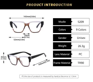 Detailed size chart for retro square TR90 anti-blue light glasses with full measurements