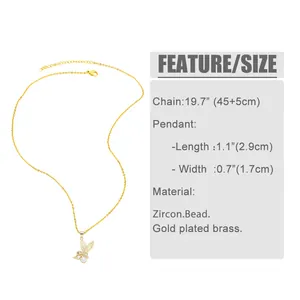 Detailed measurement chart for bird pendant necklace with zircon and gold plated brass