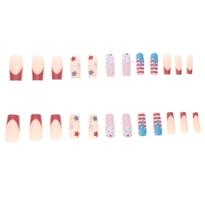 Independence Day press-on nails with red French tips, flag stars and ice cream patterns