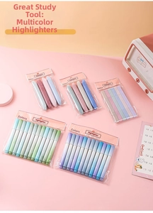 Detail view of colorful soft gradient highlighters in 4, 6, and 12-piece sets layout