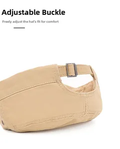 Detail of adjustable metal buckle and khaki cotton twill texture on the military flat cap