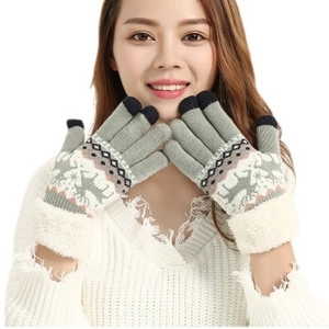 Women's knitted reindeer gloves with faux fur cuffs and touchscreen fingertips in grey