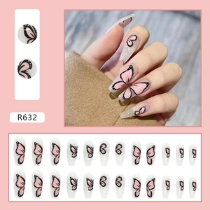 Long coffin press-on nails featuring elegant pink and black butterfly wing designs