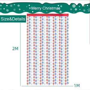 Detailed size chart for Christmas snowflake tinsel curtain in red, white and blue colors