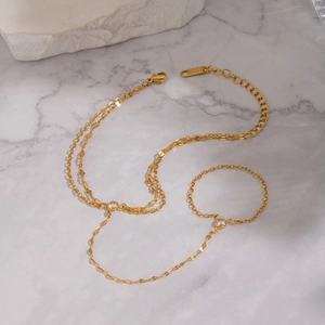Minimalist double-layer gold stainless steel finger chain bracelet with zircon stones