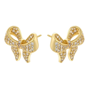 Elegant gold bow earrings set with sparkling zircon crystals on a clean white background