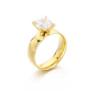 Polished 18K gold stainless steel ring with 6mm cubic zirconia stone on white background