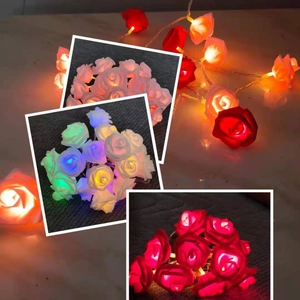 Detailed views of LED rose flower fairy lights in red, white and multicolored glow
