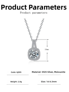 Detail showing 1ct cushion-cut moissanite halo pendant dimensions and S925 silver specs