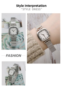 Detail of silver square quartz watch with roman numerals and link bracelet for women