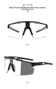 Detail view of photochromic cycling sunglasses with black frame and light-adjusting lenses