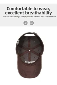 Detailed interior of dark coffee baseball cap with reinforced seams and embroidery