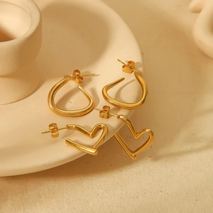 18K Gold Plated Stainless Steel Minimalist Heart And Water Drop Stud Earrings Geometric Fashion Jewelry For Women
