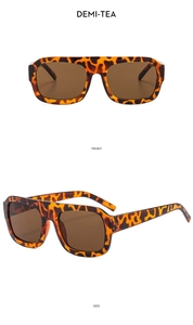 Front and side views of square oversized tortoise shell sunglasses with tea lenses