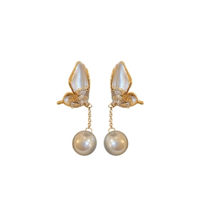 Elegant gold butterfly earrings with zircon accents and long faux pearl drop pendants
