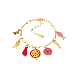 Golden stainless steel paperclip charm bracelet with colorful enamel pendants and lobster clasp