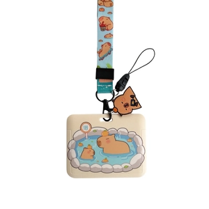 Cute beige Capybara ID card holder set with blue printed lanyard and small charm
