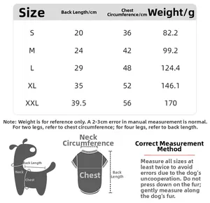 Size chart for dog winter clothes showing back length and chest measurements from S to XXL