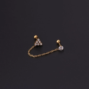 Detail of 16G gold-plated chain earring featuring sparkling cubic zirconia for double piercings