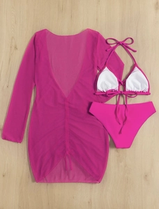 Flat lay of pink 3-piece bikini set with sheer mesh long sleeve cover-up top