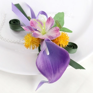 Elegant purple calla lily boutonnieres with yellow accents and pearls for weddings