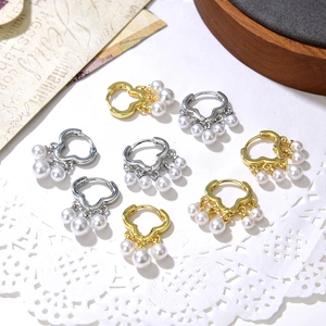 Heart Hoop Earrings Copper 18K Gold Plated With White Faux Artificial Pearls Dangle Elegant Vintage Style For Women