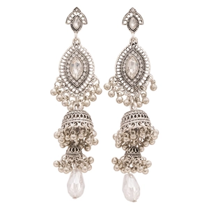 Vintage silver crystal Jhumka earrings with tiered tassels in bohemian ethnic style