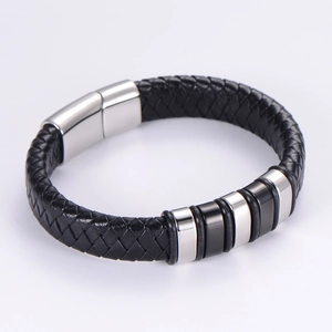 Men Braided PU Leather Bracelet Stainless Steel Magnetic Buckle Vintage Jewelry Accessories Black