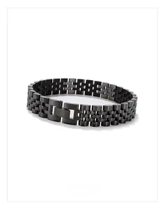 Close-up of black matte stainless steel link bracelet with secure folding metal clasp