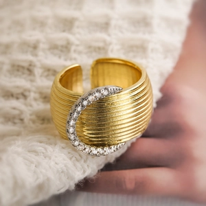 Minimalist wide gold-plated copper ring with zircon crescent moon and textured finish