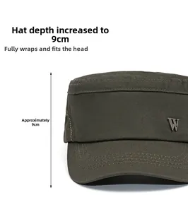 Detail of dark olive military flat top cap with 9cm crown depth and metal W logo