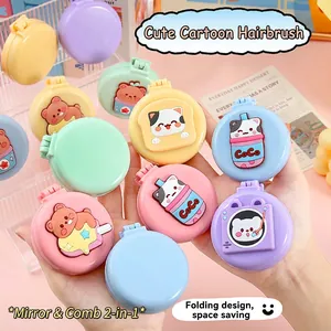 Foldable cartoon hair brush with mirror and massage cushion in colorful macaron colors