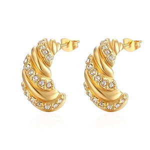 French Luxury Croissant Stud Earrings For Women Stainless Steel Inlaid Rhinestone Twisted Gold C-shaped Hoop Earrings Jewelry