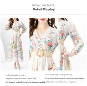 Macro detail of V-neck lace dress with colorful floral bird prints and woven belt