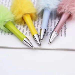 Creative plush DIY beaded pens in pastel colors with fluffy pompoms for office stationery